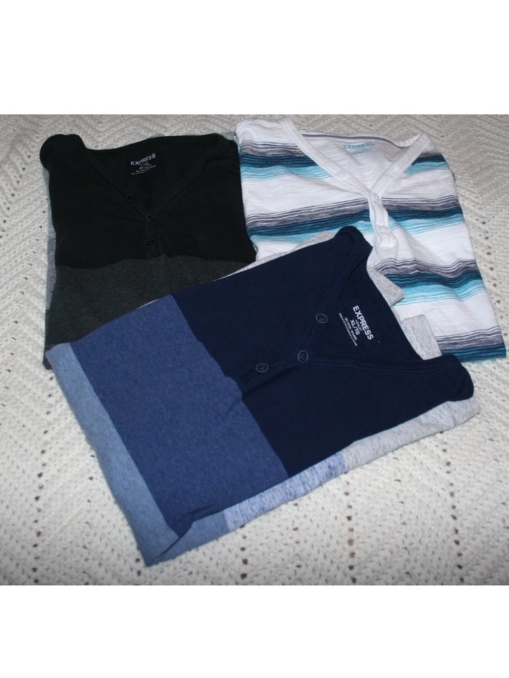 Express Trio of Knit Henleys - Navy, Black, White/Teal Stripe size XL